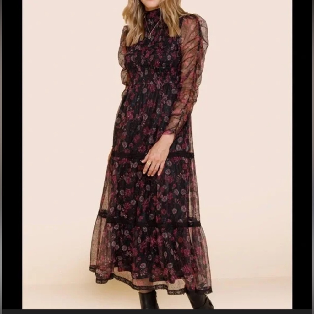 Jun & Ivy Women’s‎ Sheer Floral Tiered Maxi Long Sleeve Black/Burgundy Size XXS